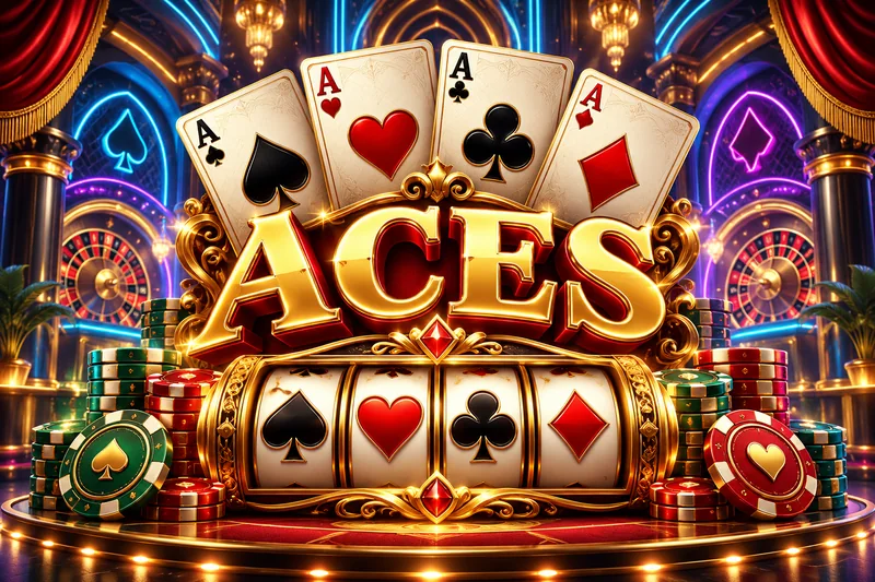 Four ace cards above gold slot reels — original concept illustration
