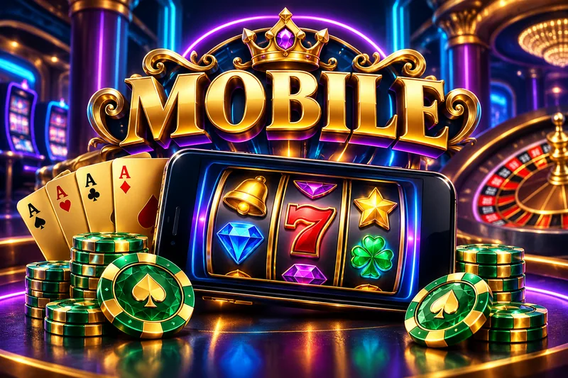 Smartphone with illustrated jewel reels and gold chips — original concept illustration
