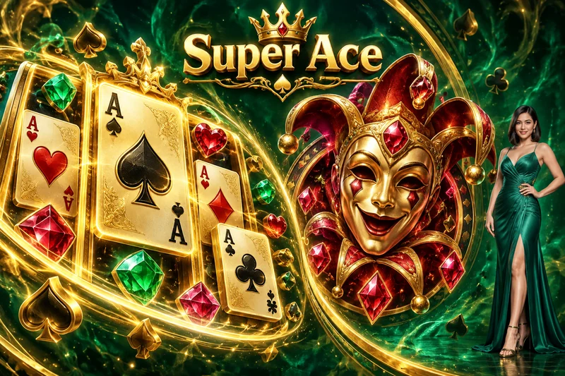 Mundo ng mga baraha at Joker ng Super Ace na may nakatayong modelong Pilipina na nasa hustong gulang