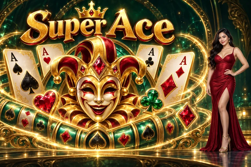 Super Ace game artwork na may gintong Joker, mga Ace card at maliit na nakatayong modelong Pilipina na nasa hustong gulang