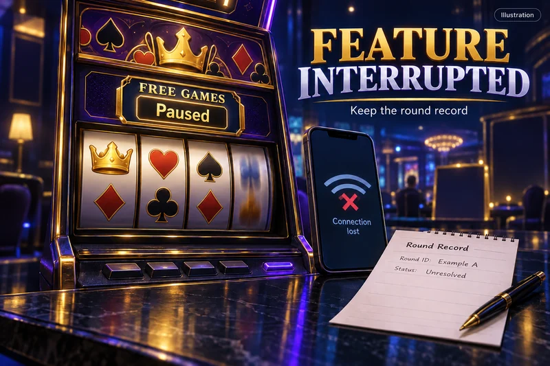 Illustrative slot feature paused beside a phone showing a lost connection and a fictional unresolved round record.