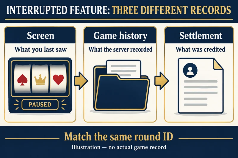 Three evidence sources: last visible screen, saved game-history record and settlement, matched by the same round ID.